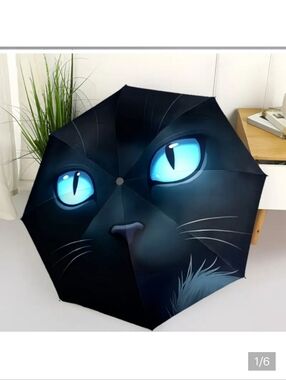 🆕️☔️🐈‍⬛️ BLUE-EYED BLACK CAT FACE COMPACT UMBRELLA🐈‍⬛️☔️